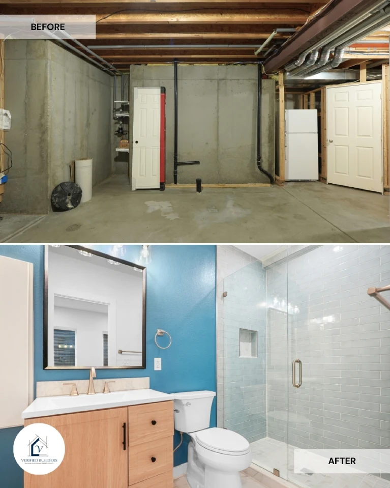 Before and after of a basement bathroom addition on Burberry Way, Littleton, comparing the rough plumbing stage to a finished suite with a glass shower and blue accent wall.