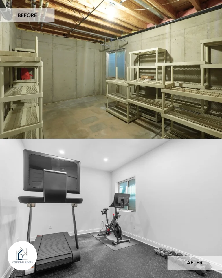 Before and after basement finishing in Littleton (80129) transforming a raw concrete storage area into a modern home gym with rubber flooring and Peloton equipment.
