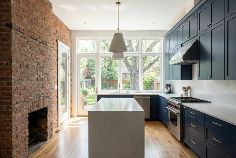 A modern custom room addition and bump-out on a home on Tejon St in the Highland neighborhood of Denver. The expansion opens up a previously cramped kitchen area to the backyard, creating a spacious environment for multi-generational living.