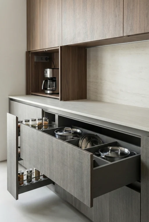 Custom kitchen cabinetry by Verified Builders in a Denver home, featuring a pull-out spice rack, deep drawers for pot storage, and a hidden appliance garage for a coffee station.