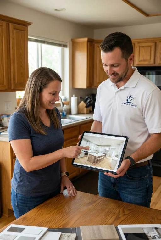 Verified Builders designer showing a 3D kitchen rendering on a tablet to a homeowner during an in-home remodeling consultation in Denver, CO.
