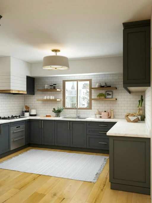 Transitional kitchen renovation by Verified Builders in Denver's Mayfair neighborhood featuring dark grey shaker cabinets with brass hardware, floor-to-ceiling white subway tile, and floating wood shelves.