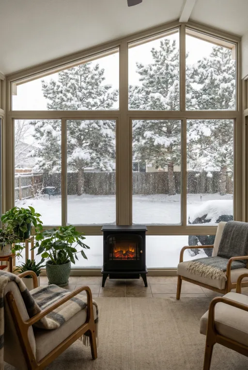 Interior view of a cozy, year-round sunroom addition on Nagel Dr in Thornton, CO, during a heavy snowfall. A freestanding stove warms the space while large energy-efficient windows frame the winter landscape, illustrating all-season enjoyment through climate control.