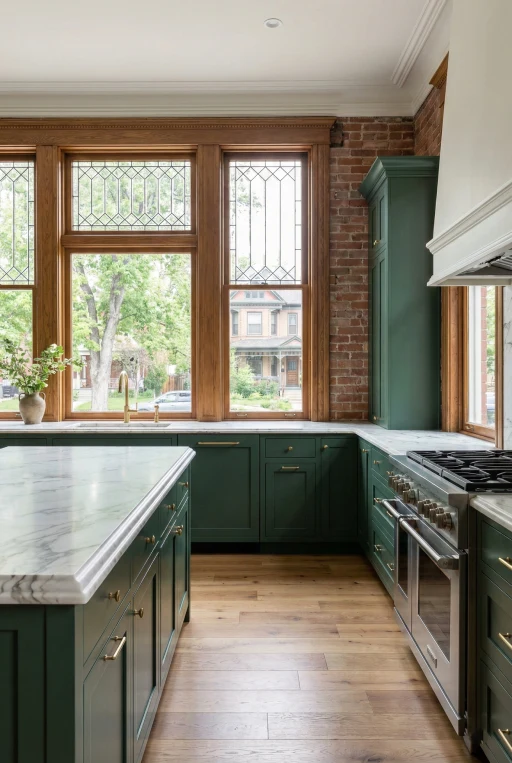 Historic home kitchen renovation by Verified Builders in Denver's Congress Park, featuring deep emerald green cabinets, an original exposed brick wall, restored wood windows with leaded glass details, and luxury marble countertops.