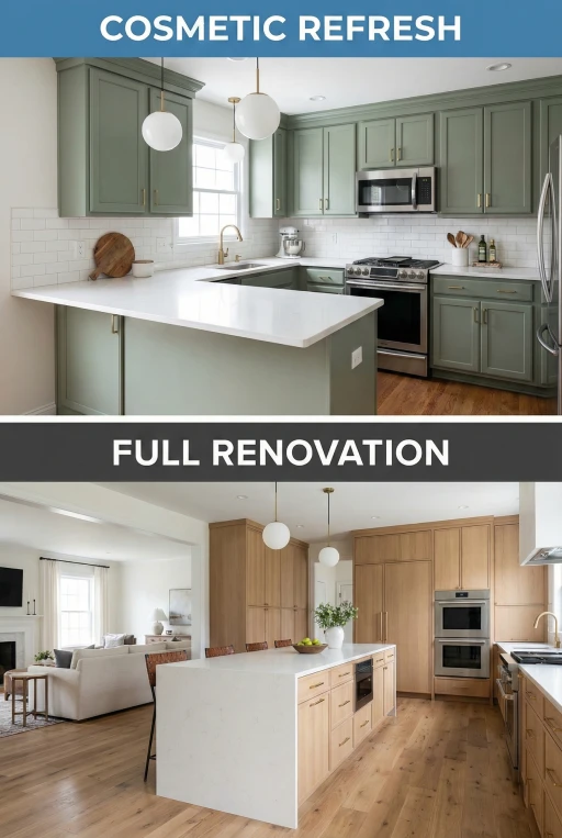 Split-screen comparison graphic titled "COSMETIC REFRESH" vs "FULL RENOVATION." The top shows a kitchen update with painted sage green cabinets and new quartz counters retaining the original layout. The bottom shows a complete remodel with a new open-concept layout, light wood cabinetry, and a large central waterfall island.