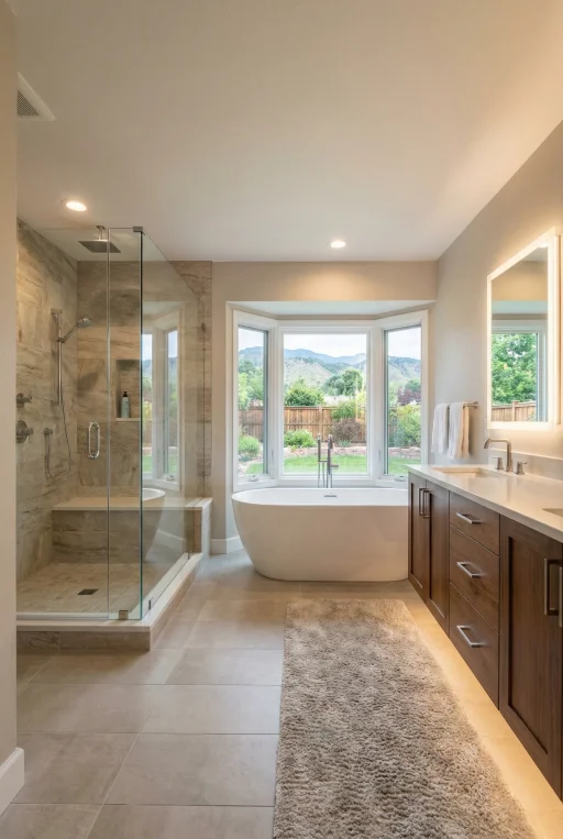 A luxury master suite extension featuring a spa-like bathroom retreat at a home on W 34th Pl, Wheat Ridge, CO. The design includes a freestanding soaking tub, frameless glass shower, and double vanity, created through a custom home bump-out.