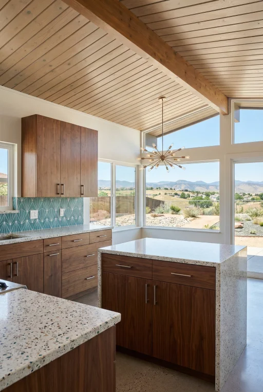 Mid-century modern style kitchen by Verified Builders in Arvada featuring vaulted wood ceilings with exposed beams, walnut flat-panel cabinets, terrazzo quartz countertops, and a teal geometric backsplash.