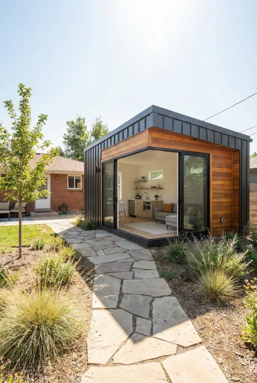 A modern detached Accessory Dwelling Unit (ADU) built in a backyard near Zuni St in Denver, CO. The cottage features wood and black metal siding with large open glass doors revealing a living space and kitchenette, accessed by a flagstone path.