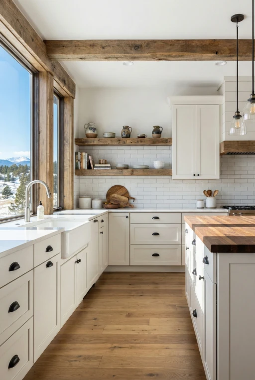 Modern farmhouse kitchen renovation by Verified Builders in Parker featuring exposed rustic ceiling beams, floating wood shelves, a butcher block island, and a farmhouse sink overlooking a scenic winter view.
