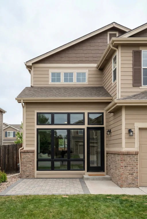 A seamless attached ADU garage conversion at a home on E Ida Dr, Aurora, CO. The renovation replaces the garage door with large glass sliders to create a bright, accessible in-law suite or home office.