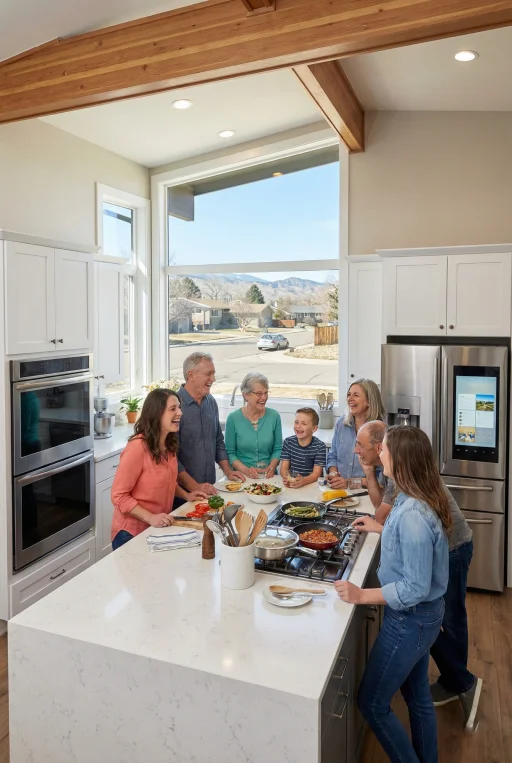 A spacious modern kitchen remodel and bump-out at a home on Estes St, Arvada, CO. A multi-generational family gathers around a large chef's island with smart appliances, enjoying the expanded dining area created for holiday entertaining.
