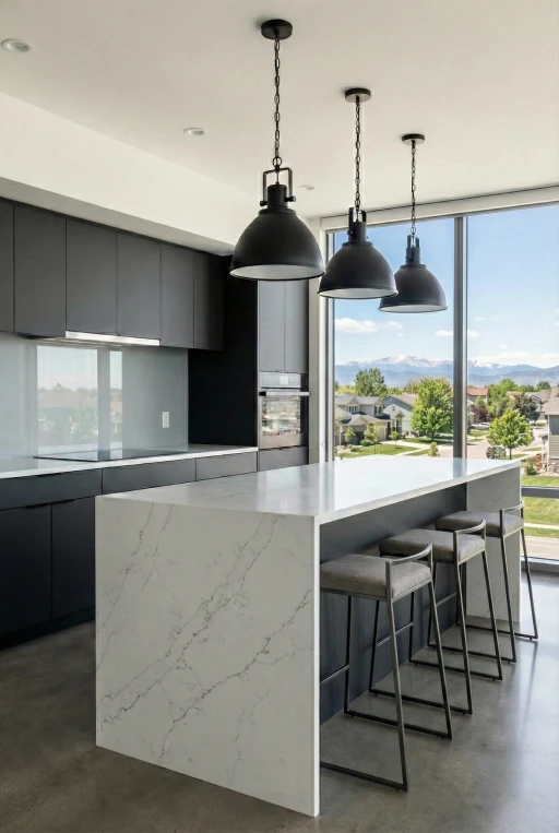 Modern luxury kitchen by Verified Builders in Westminster featuring a large white quartz waterfall island, matte black flat-panel cabinets, industrial pendant lighting, and floor-to-ceiling windows overlooking the mountains.