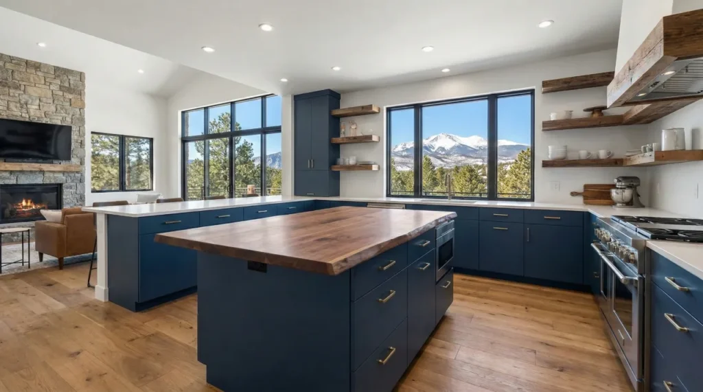Luxury mountain modern kitchen by Verified Builders in Golden, featuring navy blue cabinets, a live-edge walnut island countertop, open shelving, and large windows framing scenic mountain views.