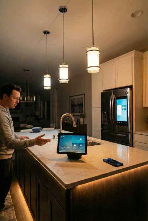 Homeowner using a smart kitchen hub on a quartz island featuring LED under-counter accent lighting and modern pendant fixtures in a Verified Builders renovation in Littleton (Highlands Ranch area).
