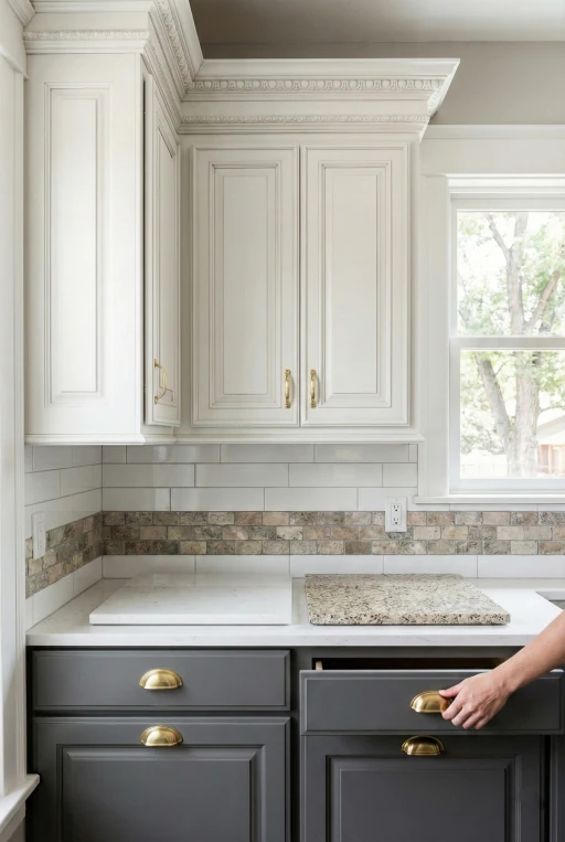 Detail of a Verified Builders kitchen renovation in Denver's Hilltop neighborhood featuring white upper cabinets with elaborate crown molding, dark grey lower cabinets with brass cup pulls, and a custom subway tile backsplash with a stone border.