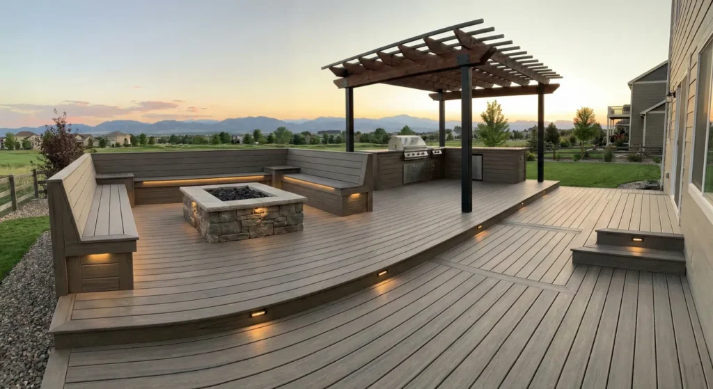 A high-end, multi-level deck that embodies the "Entertainment Hub" concept in Denver built by Verified Builders. It features built-in seating with integrated lighting, a fire pit, and a pergola.