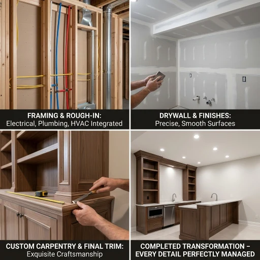 A start-to-finish visual of a custom basement renovation in Aurora. Panels highlight the managed construction process: MEP rough-in, drywall finishing, detailed wood cabinetry craftsmanship, and the completed modern dark-wood wet bar.