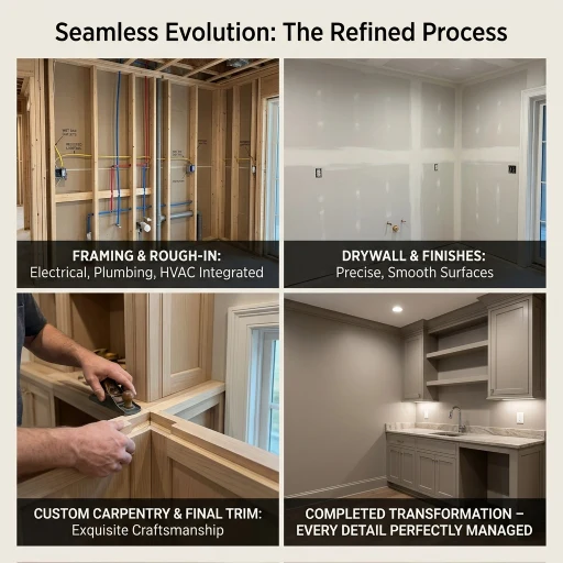 Four-panel sequence showing the complete design-build basement remodeling process in Denver, from initial framing and electrical rough-in to smooth drywall, custom carpentry, and the beautifully completed built-in desk area.