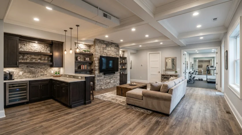 A complete design-build basement finish in Denver, featuring a custom dark-wood wet bar, a family entertainment room with a stone accent wall, and a dedicated home gym.