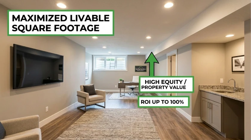 A fully finished, modern basement remodel in Denver featuring a comfortable living area, home office, and wet bar, demonstrating maximized square footage and high ROI.