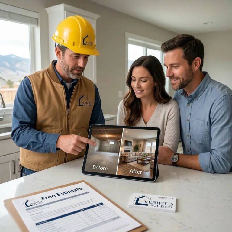 A dedicated Verified Builders project manager providing a free estimate consultation to a Denver couple. They are comparing past basement finishing projects by reviewing a stunning before-and-after transformation on a tablet, ensuring high-quality results before hiring a local Colorado contractor.