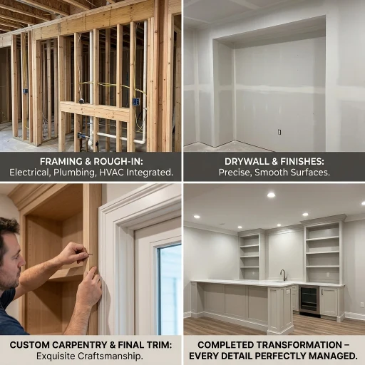Step-by-step basement finishing construction phases in Lakewood, Colorado. The image illustrates Verified Builders' in-house process, including framing, drywall installation, precise custom carpentry, and the final luxury wet bar transformation.
