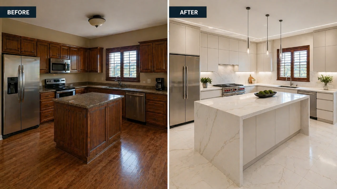 Before and after kitchen remodel in Denver Colorado showing modern upgrade with waterfall island, handleless cabinets, high-end appliances, and large white tile flooring
