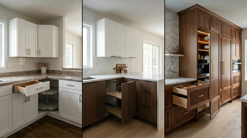 comparison of stock semi custom and custom kitchen cabinets in a Denver Colorado home showing differences in design storage features materials and overall cabinet costs in a kitchen remodel
