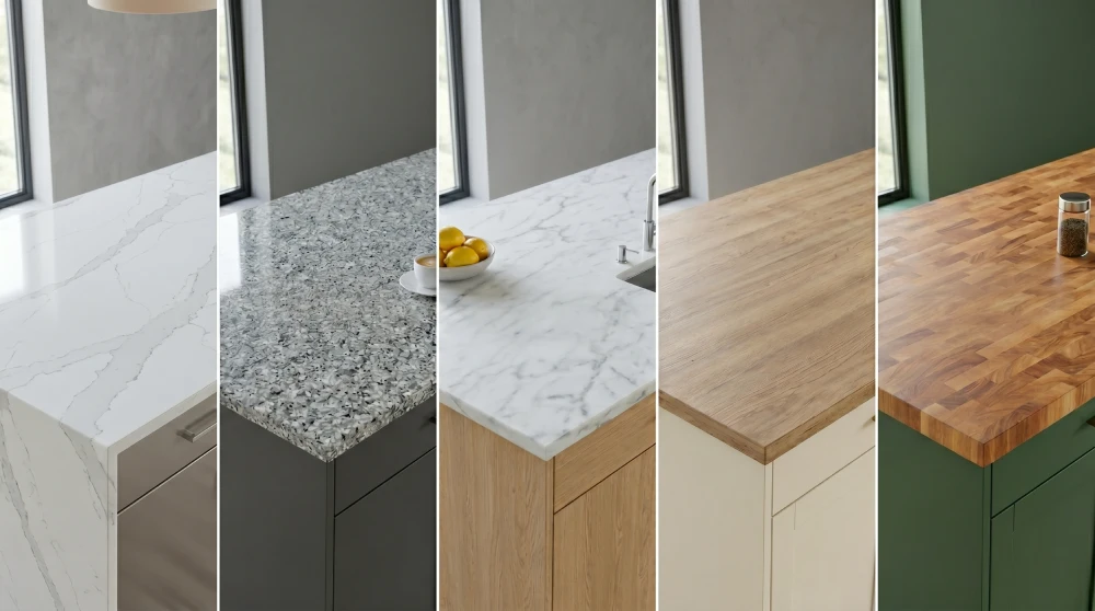 comparison of kitchen countertop materials in Denver Colorado including quartz granite marble laminate and butcher block showing differences in texture durability maintenance and cost for kitchen remodel projects