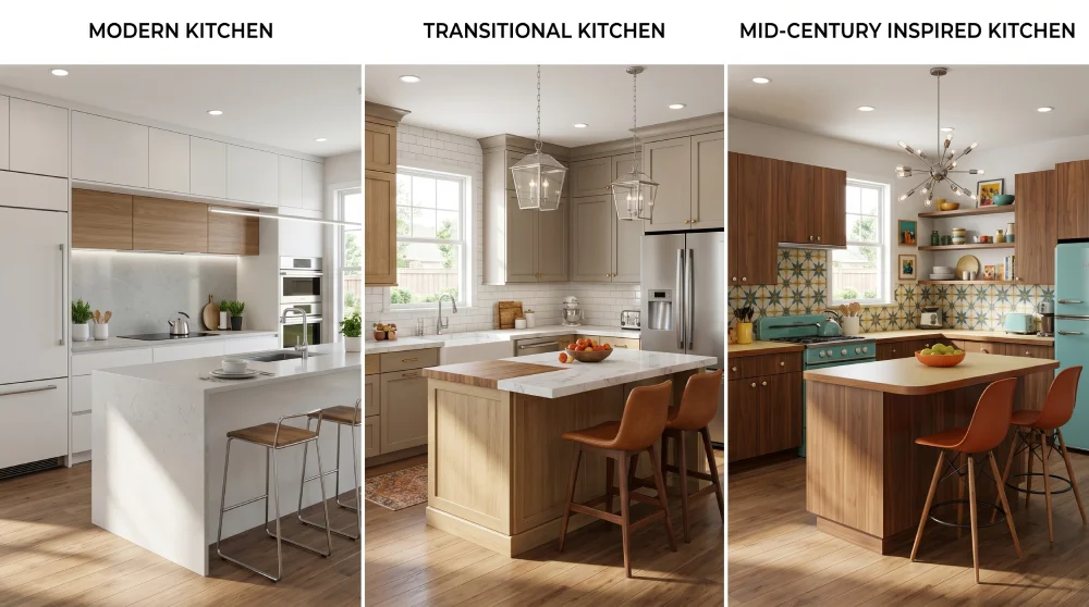 comparison of modern transitional and mid century kitchen design styles in a Denver Colorado home showing how cabinetry lighting materials and finishes affect kitchen remodel costs