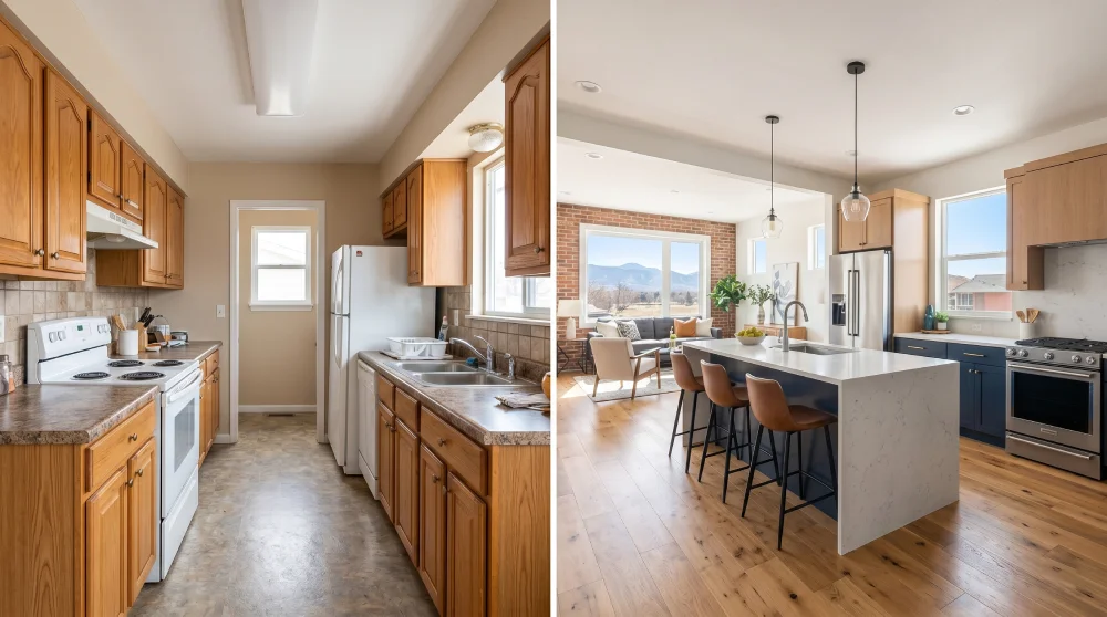before and after kitchen remodel in Denver Colorado showing transition from closed layout to open concept design with island illustrating how layout changes increase kitchen remodeling costs