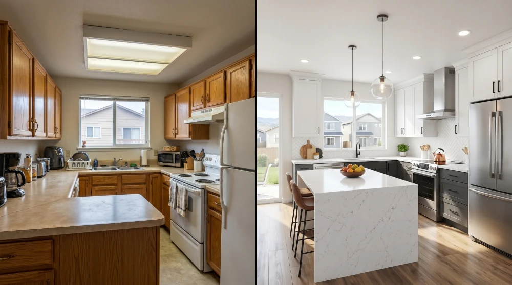 before and after kitchen remodel in Denver Colorado showing upgraded cabinets quartz island modern lighting and open layout demonstrating increased home value and return on investment
