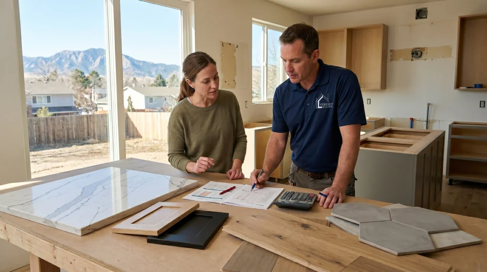 homeowner and contractor reviewing kitchen remodel budget and material selections in a Denver Colorado home to plan cost saving decisions without sacrificing quality or design