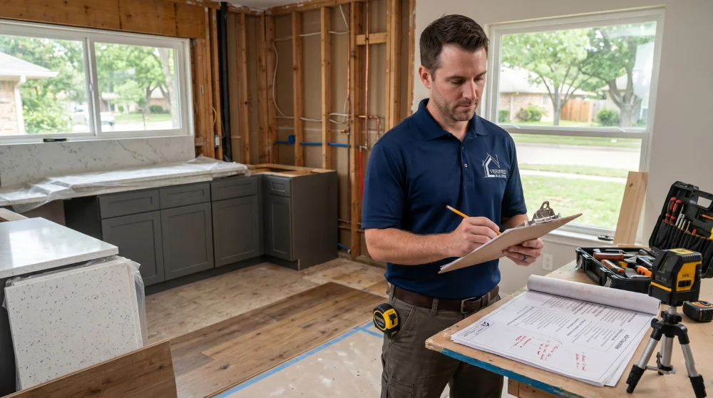 licensed kitchen remodeling contractor in Denver Colorado reviewing project checklist and plans at a renovation site demonstrating quality control communication and proper planning