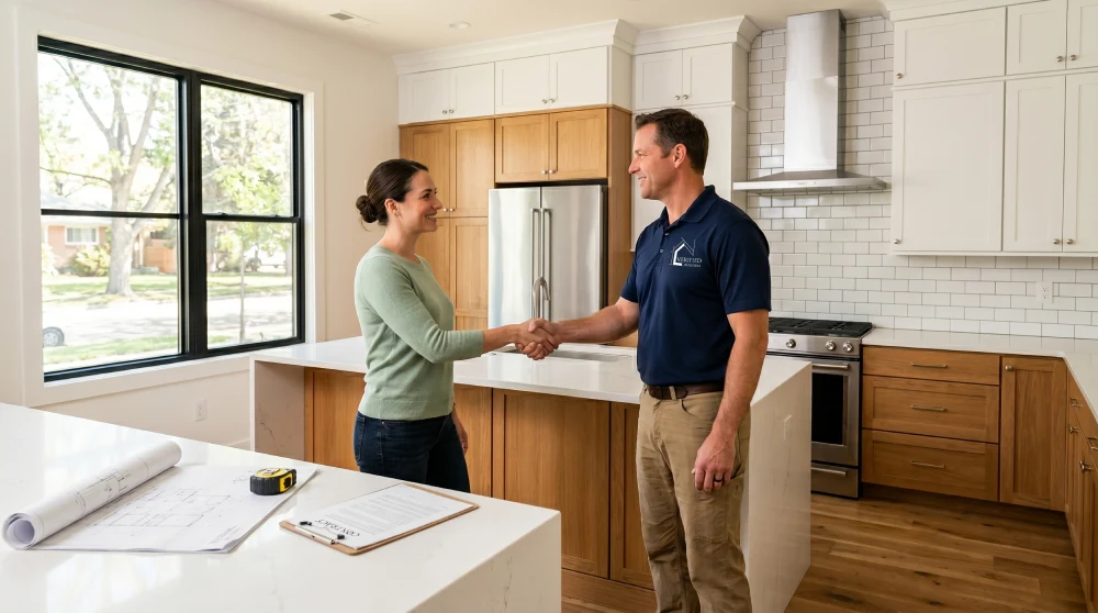 homeowner and kitchen remodeling contractor shaking hands in a Denver Colorado kitchen after planning project details and budget for a successful renovation