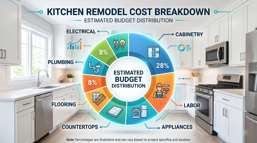kitchen remodel cost breakdown infographic in Denver Colorado showing budget distribution across cabinetry labor appliances countertops flooring plumbing and electrical for kitchen renovation projects