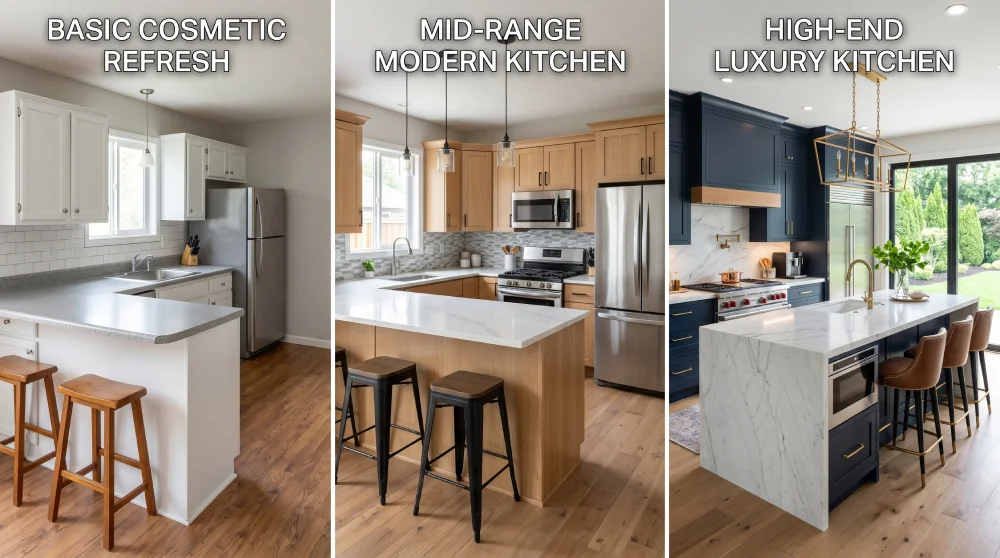 side by side comparison of cosmetic kitchen refresh mid range kitchen remodel and high end luxury kitchen in Denver Colorado showing differences in cabinetry countertops appliances layout and overall remodel cost levels in 2026