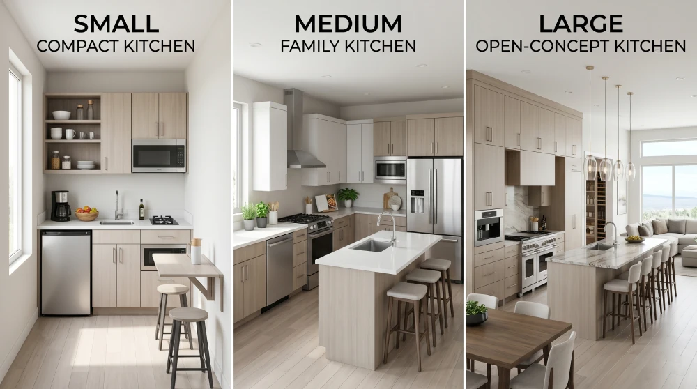 comparison of small medium and large kitchen layouts in Denver Colorado showing how kitchen size and layout impact cost per square foot for kitchen remodeling projects in the Denver metro area