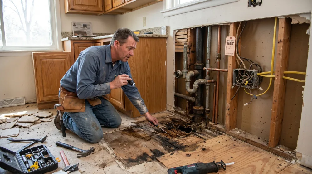 contractor inspecting water damaged subfloor exposed plumbing and electrical wiring in a Denver Colorado kitchen remodel revealing hidden costs that increase renovation budgets