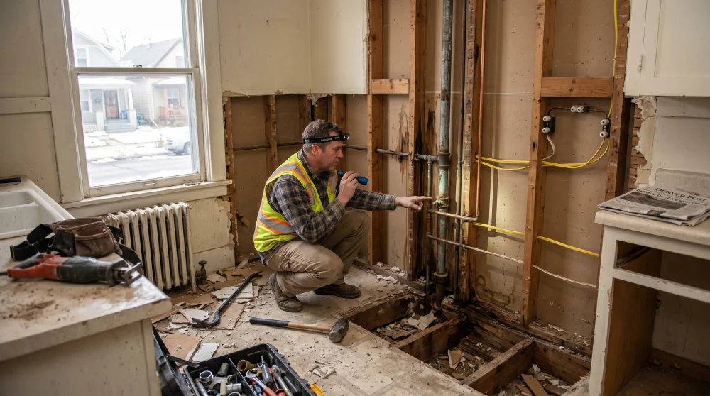 contractor inspecting exposed plumbing and electrical inside an older Denver Colorado kitchen during demolition revealing hidden structural issues that increase kitchen remodel costs in the Denver metro area