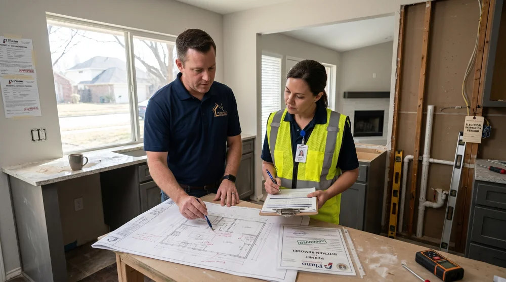 contractor and building inspector reviewing kitchen remodel plans and permits in a Denver Colorado home to ensure code compliance and avoid costly construction issues