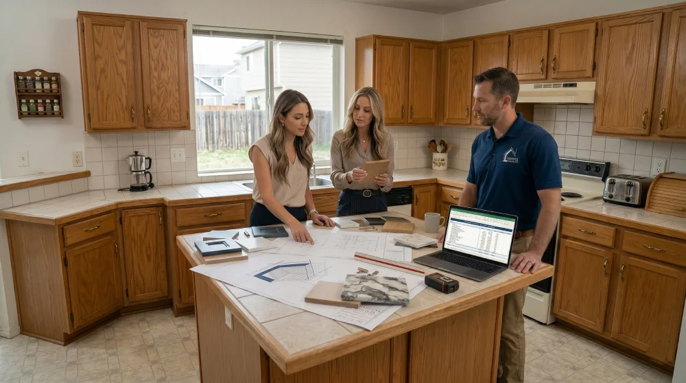 homeowner meeting with kitchen remodeling contractor and designer in Denver Colorado reviewing kitchen renovation plans budget estimates cabinetry samples and layout design during early project planning stage