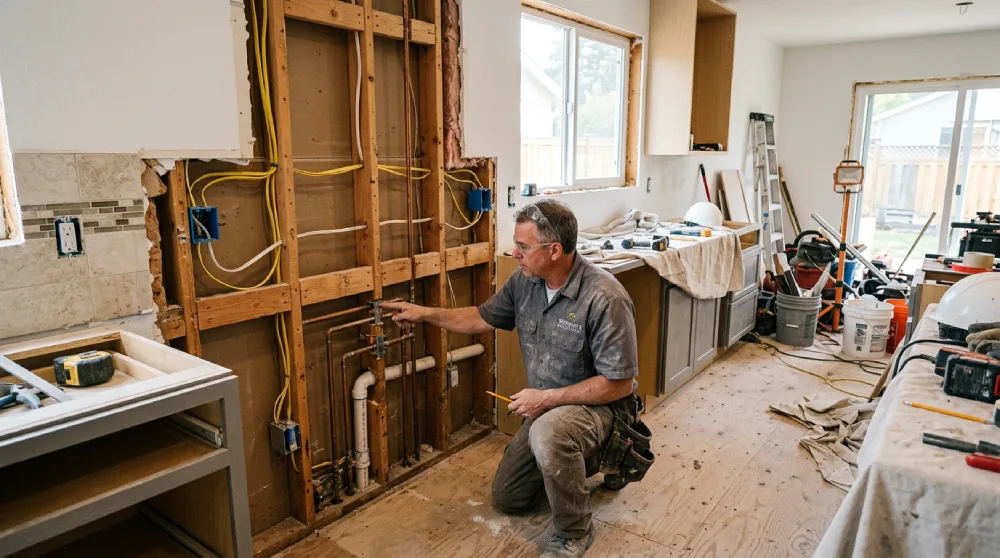 contractor working on exposed plumbing pipes and electrical wiring inside a Denver Colorado kitchen remodel showing hidden infrastructure costs that impact kitchen renovation budgets