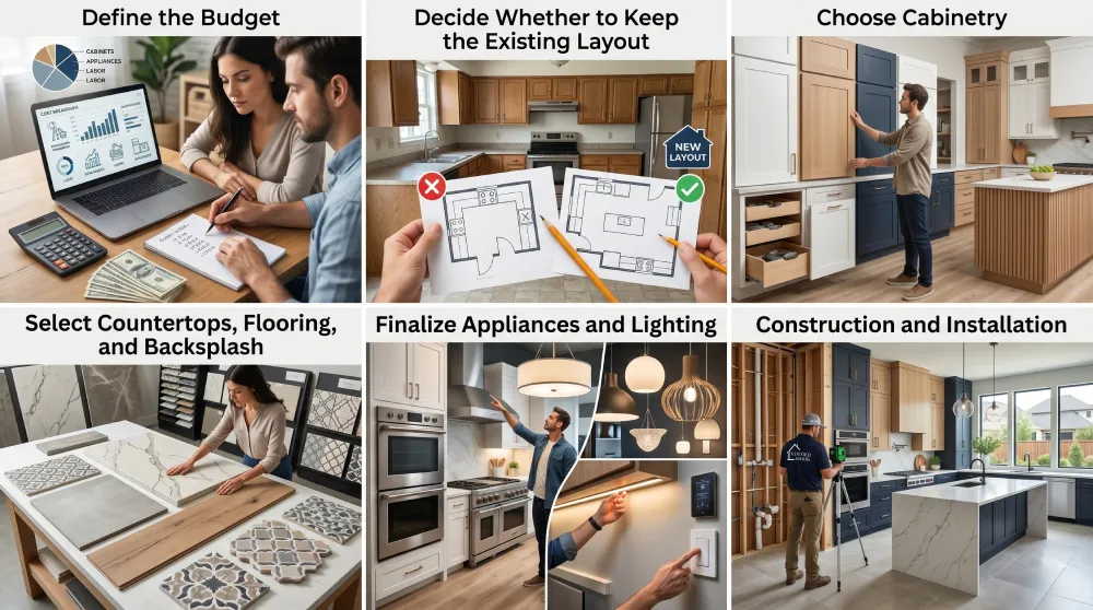 kitchen remodel timeline in Denver Colorado showing step by step process including budgeting layout planning cabinetry selection material choices appliance installation and final construction phases
