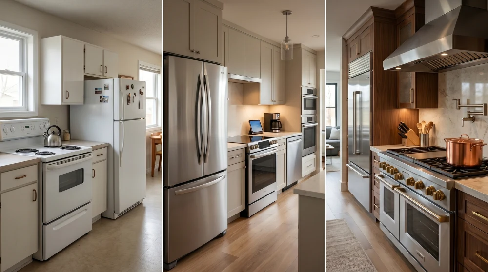 kitchen appliance tiers comparison in Denver Colorado showing standard mid range and professional grade appliances and their impact on kitchen remodel costs