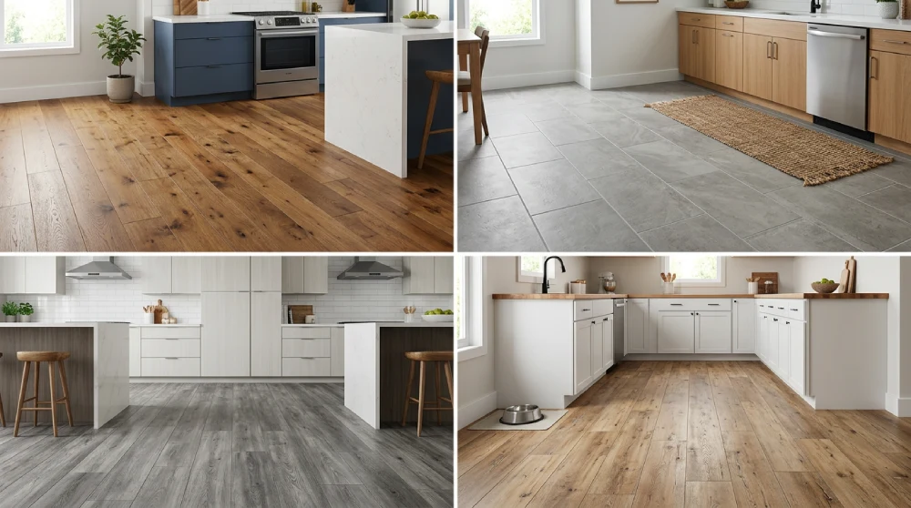 kitchen flooring comparison in Denver Colorado showing hardwood tile luxury vinyl and laminate options and their impact on durability maintenance and remodel costs