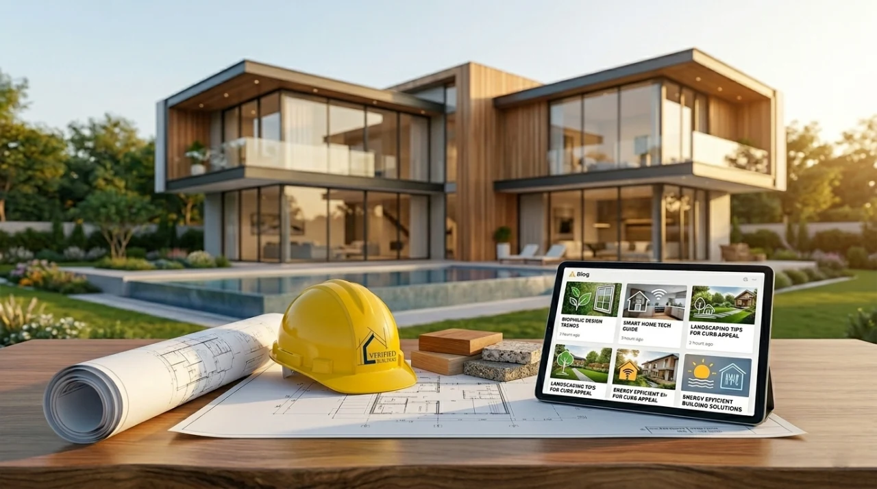 A wooden desk featuring a yellow Verified Builders hard hat, blueprints, material samples, and a tablet displaying construction blog articles, set against a backdrop of a modern residential home with a swimming pool.