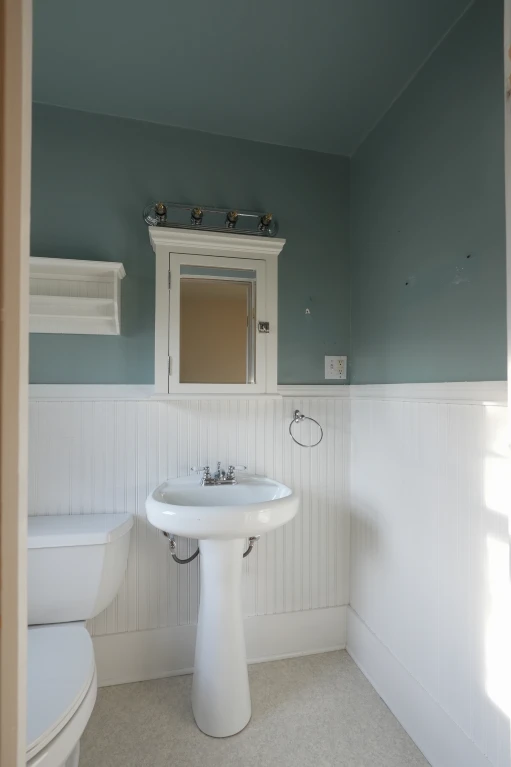 Existing Denver half bath before remodel, with pedestal sink and toilet in a small footprint.
