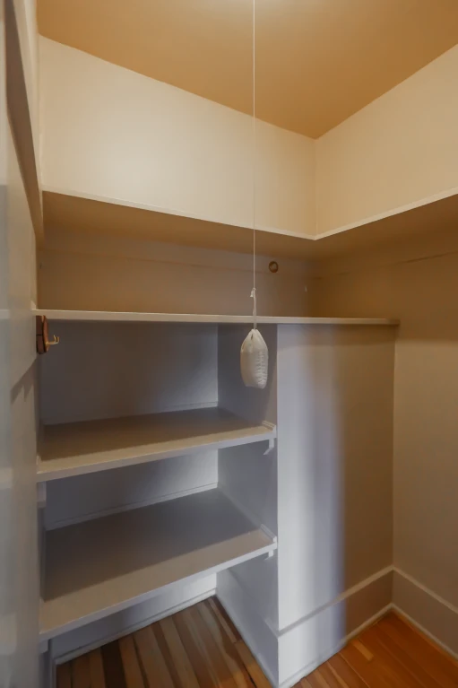 Original hallway closet with built-in shelving, absorbed into the bathroom footprint during the conversion.