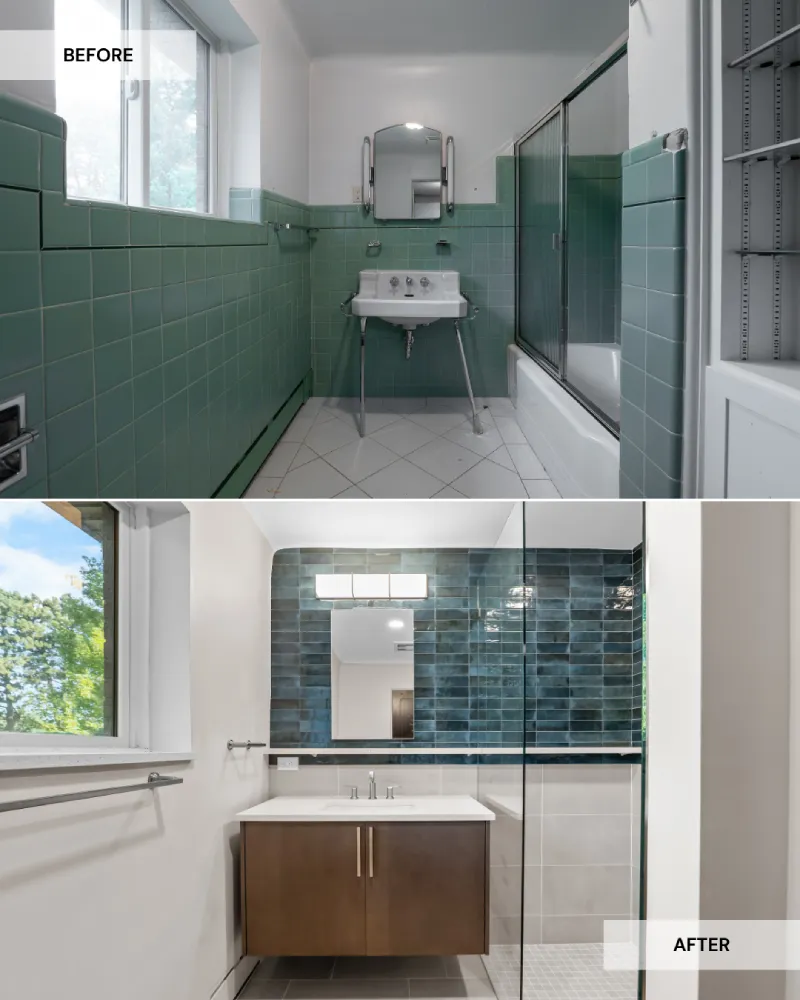 Before and after of Park Hill kids' bathroom remodel — original tub converted to curbless walk-in shower with new floating vanity